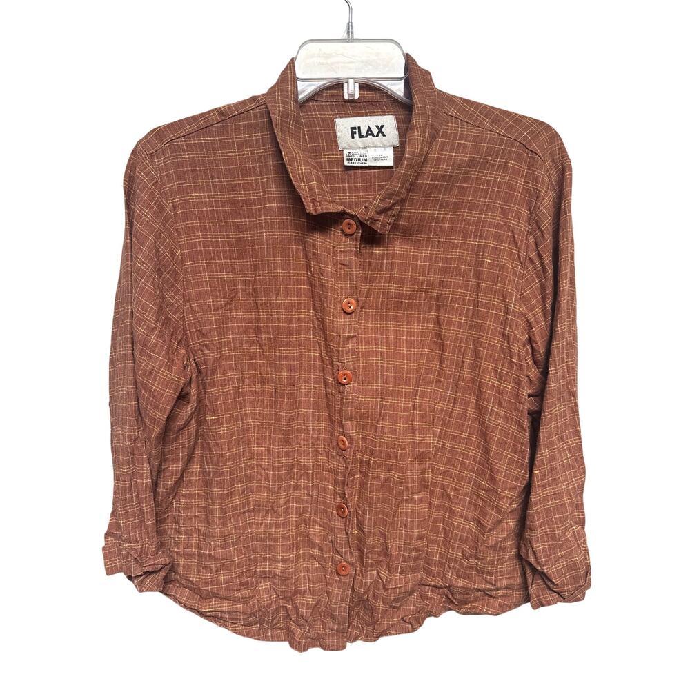 Flax Red Linen Button Down Shirt Plaid Medium Lagenlook Earth Nature Natural